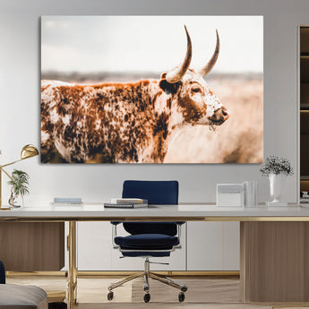 11528295-MGV-CV-36X24-Speckled Longhorn Wall Art Canvas Print, Framed Texas Cattle Art Picture Print, Horned Cow Perfect Rustic Western Decor Artwork