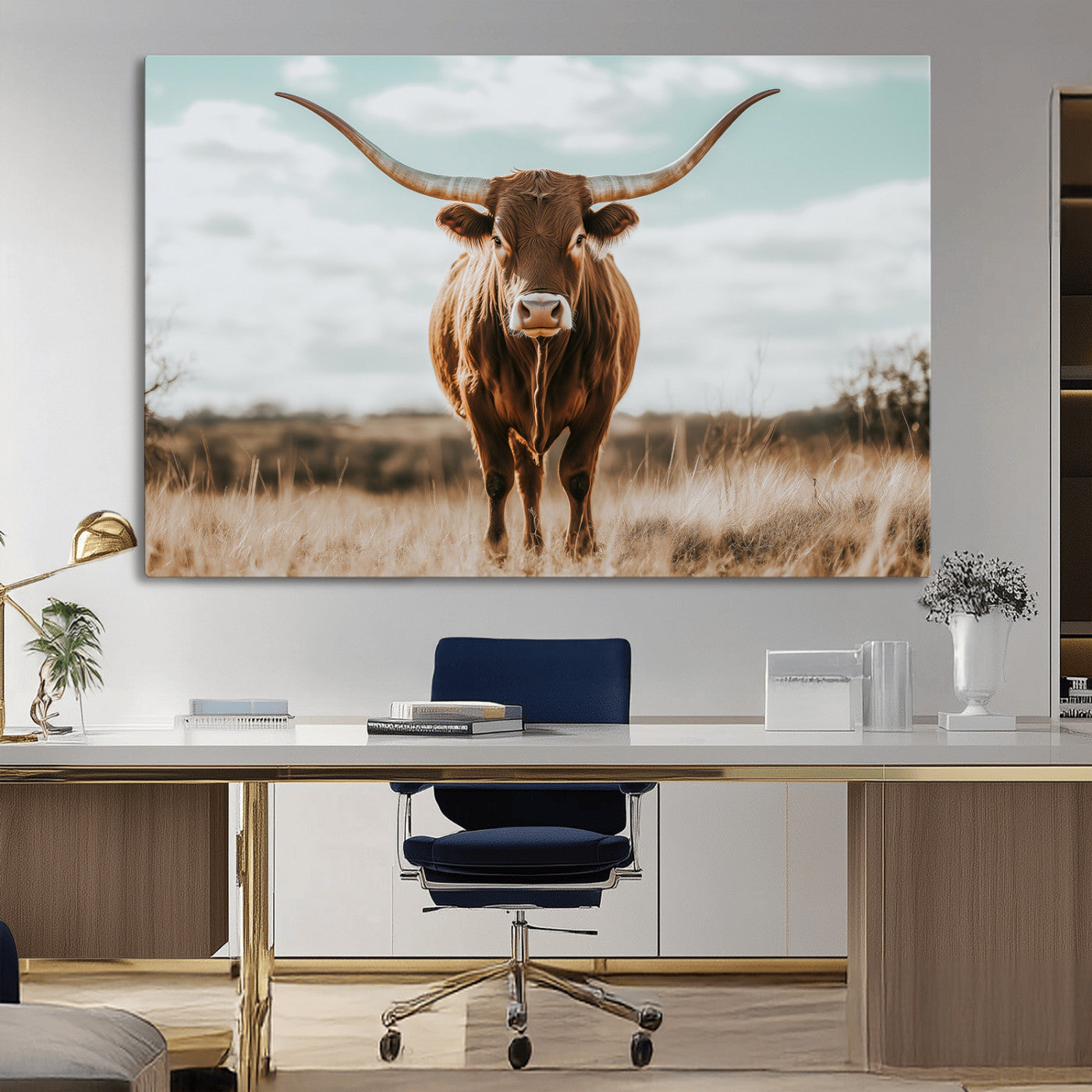39350715-MGV-CV-36X24-Texas Longhorn Wall Art Canvas Print, Framed Longhorn Cow Art Picture Print, Western Cattle Perfect Rustic Western Decor Artwork