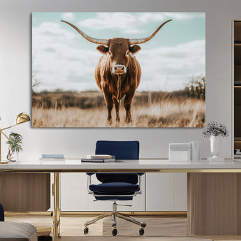 39350715-MGV-CV-36X24-Texas Longhorn Wall Art Canvas Print, Framed Longhorn Cow Art Picture Print, Western Cattle Perfect Rustic Western Decor Artwork