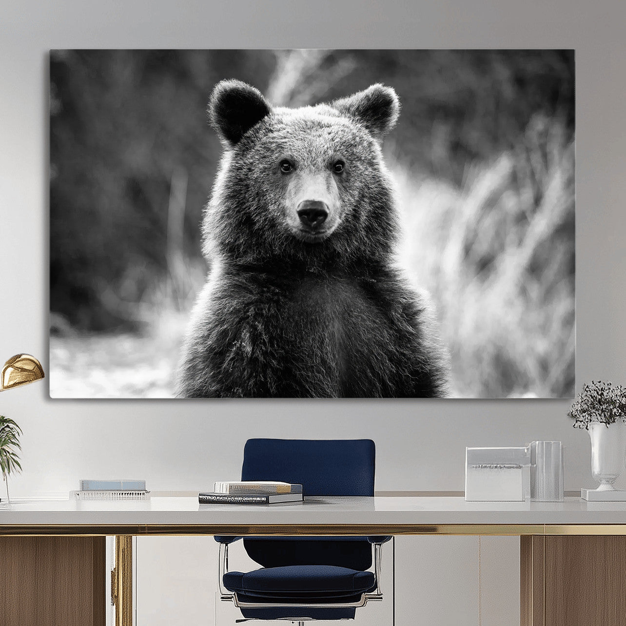 MGV-CV-36X24 - Grizzly Bear Wall Art Canvas Print, Framed Black White Bear Art Picture Print, Wild Bear Perfect Rustic Wildlife Decor Artwork