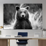 MGV-CV-36X24 - Grizzly Bear Wall Art Canvas Print, Framed Black White Bear Art Picture Print, Wild Bear Perfect Rustic Wildlife Decor Artwork