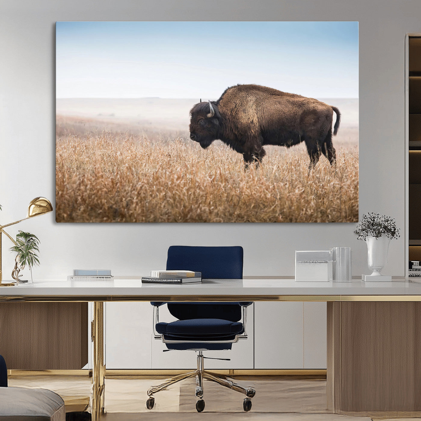 91267849-MGV-CV-36X24-Wild Bison Wall Art Canvas Print, Framed Bison in Prairie Art Picture Print, Rustic Western Perfect Rustic Western Decor Artwork