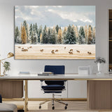 64188182-MGV-CV-36X24-Elk Herd Wall Art Canvas Print, Framed Snowy Forest Art Picture Print, Forest Elks Perfect Neutral Rustic Decor Artwork