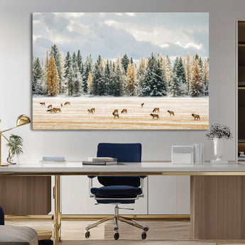 64188182-MGV-CV-36X24-Elk Herd Wall Art Canvas Print, Framed Snowy Forest Art Picture Print, Forest Elks Perfect Neutral Rustic Decor Artwork