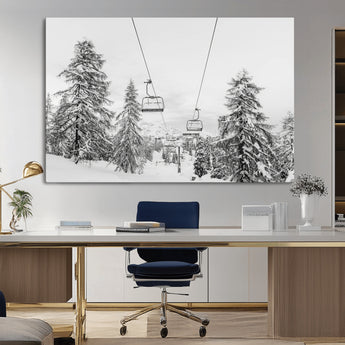 55003599-MGV-CV-36X24-Snowy Ski Lift Wall Art Canvas Print, Framed Winter Forest Art Picture Print, Ski lift Ride Perfect Winter Lodge Decor Artwork