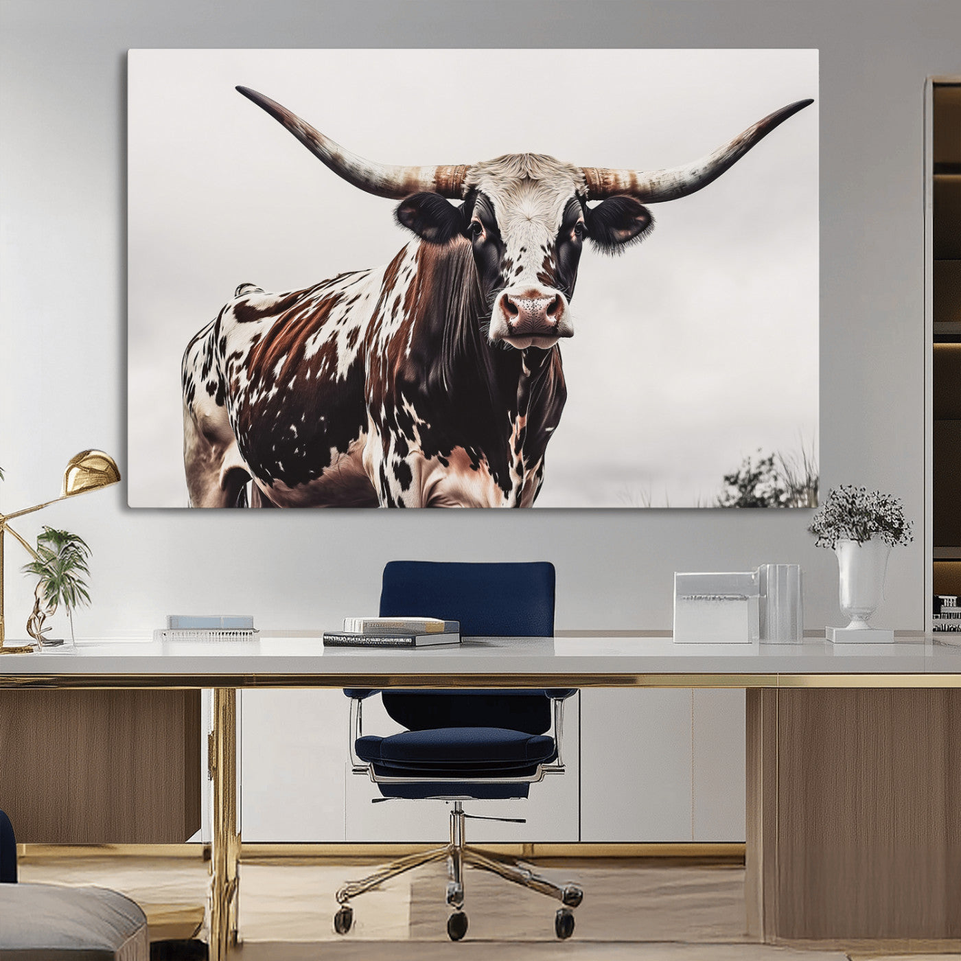 95249234-MGV-CV-36X24-Texas Longhorn Wall Art Canvas Print, Framed Spotted Bull Art Picture Print, Horned Cattle Perfect Rustic Farmhouse Decor Artwork