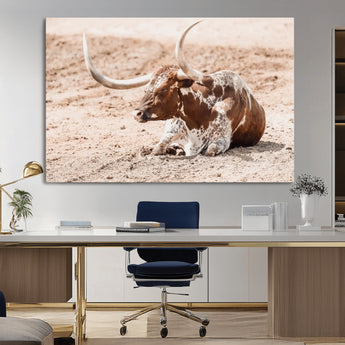 91248682-MGV-CV-36X24-Texas Longhorn Wall Art Canvas Print, Framed Resting Bull Art Picture Print, Spotted Cattle Perfect Rustic Western Decor Artwork