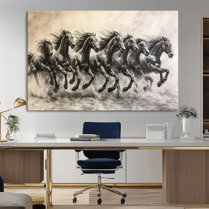 56089591-MGV-CV-36X24-Galloping Horses Wall Art Canvas Print, Framed Wild Stallions Art Picture Print, Horse Herd Sketch Perfect Monochrome Dynamic
