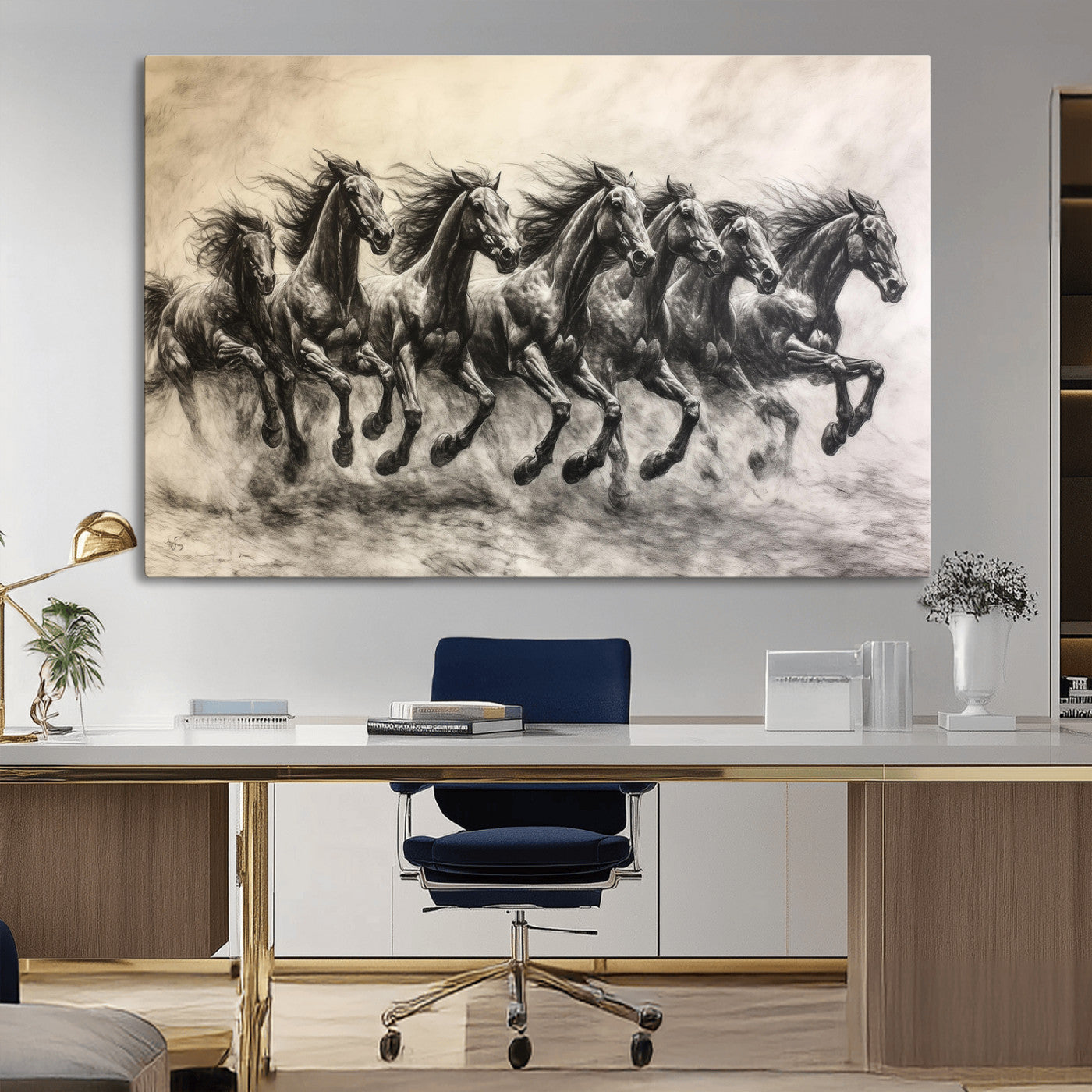 56089591-MGV-CV-36X24-Galloping Horses Wall Art Canvas Print, Framed Wild Stallions Art Picture Print, Horse Herd Sketch Perfect Monochrome Dynamic