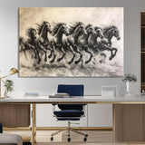 56089591-MGV-CV-36X24-Galloping Horses Wall Art Canvas Print, Framed Wild Stallions Art Picture Print, Horse Herd Sketch Perfect Monochrome Dynamic