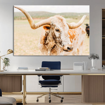 21060648-MGV-CV-36X24-Texas Longhorn Wall Art Canvas Print, Framed Speckled Cow Art Picture Print, Rustic Bull Perfect Rustic Western Decor Artwork
