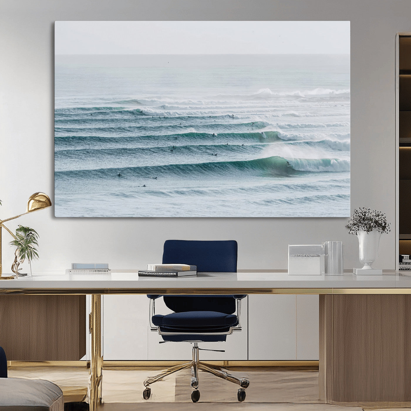 73969318-MGV-CV-36X24-Ocean Waves Wall Art Canvas Print, Framed Surfer Lineup Art Picture Print, Crowded Ocean Perfect Minimal Coastal Decor Artwork