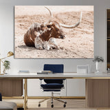 25407592-MGV-CV-36X24-Texas Longhorn Wall Art Canvas Print, Framed Resting Bull Art Picture Print, Spotted Cattle Perfect Rustic Western Decor Artwork