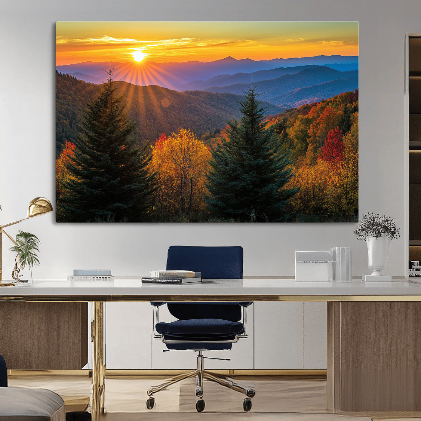 36964931-MGV-CV-36X24-Autumn Mountains Wall Art Canvas Print, Framed Sunset Glow Forest Art Picture Print, Golden Trees Perfect Vibrant Nature Decor