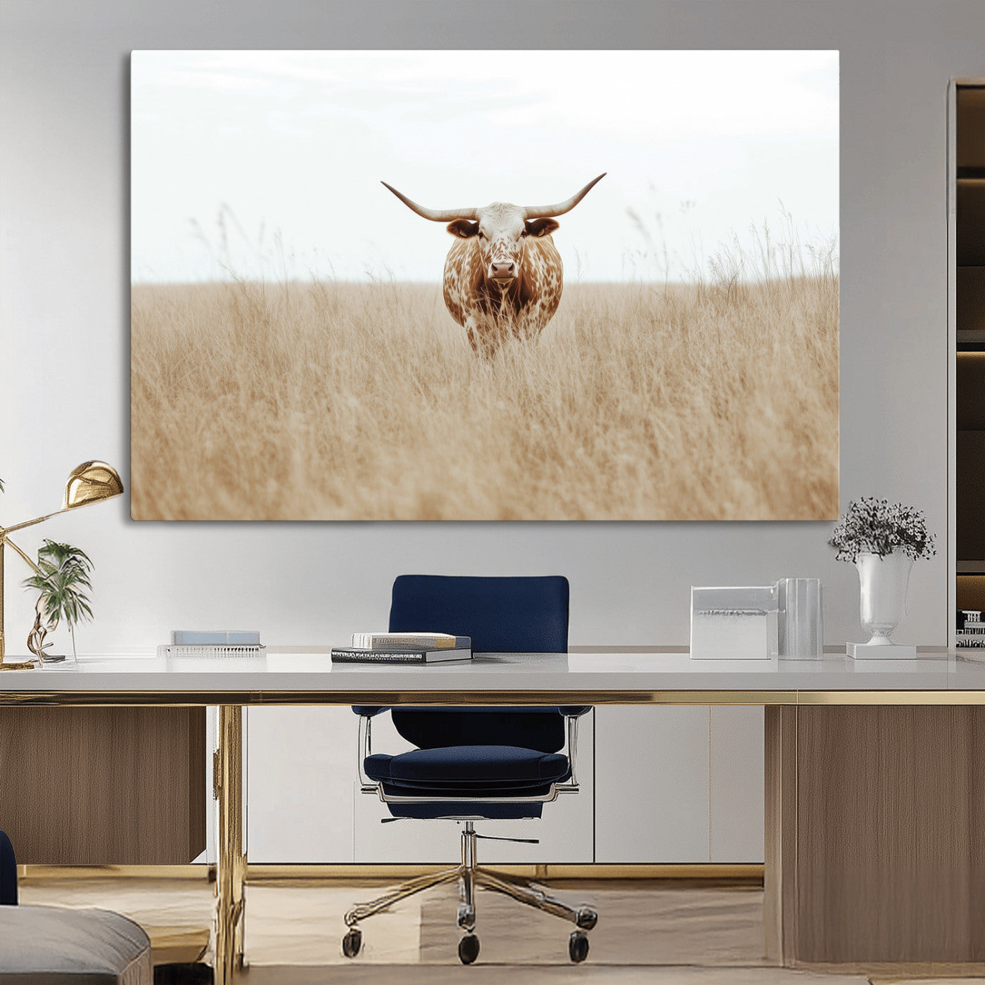 20927060-MGV-CV-36X24-Texas Longhorn Wall Art Canvas Print, Framed Lone Cattle Art Picture Print, Longhorn Bull Perfect Rustic Western Decor Artwork