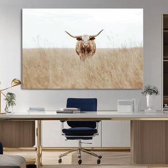20927060-MGV-CV-36X24-Texas Longhorn Wall Art Canvas Print, Framed Lone Cattle Art Picture Print, Longhorn Bull Perfect Rustic Western Decor Artwork