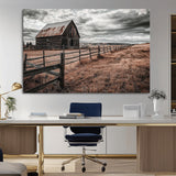 73898372-MGV-CV-36X24-Rustic Barn Wall Art Canvas Print, Framed Moody Field Art Picture Print, Weathered Fence Perfect Moody Farmhouse Decor Artwork