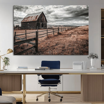 73898372-MGV-CV-36X24-Rustic Barn Wall Art Canvas Print, Framed Moody Field Art Picture Print, Weathered Fence Perfect Moody Farmhouse Decor Artwork