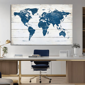 54107201-MGV-CV-36X24-World Map Wall Art Canvas Print, Framed Rustic Atlas Art Picture Print, Wooden Map Perfect Vintage Decor Artwork for Home, Living