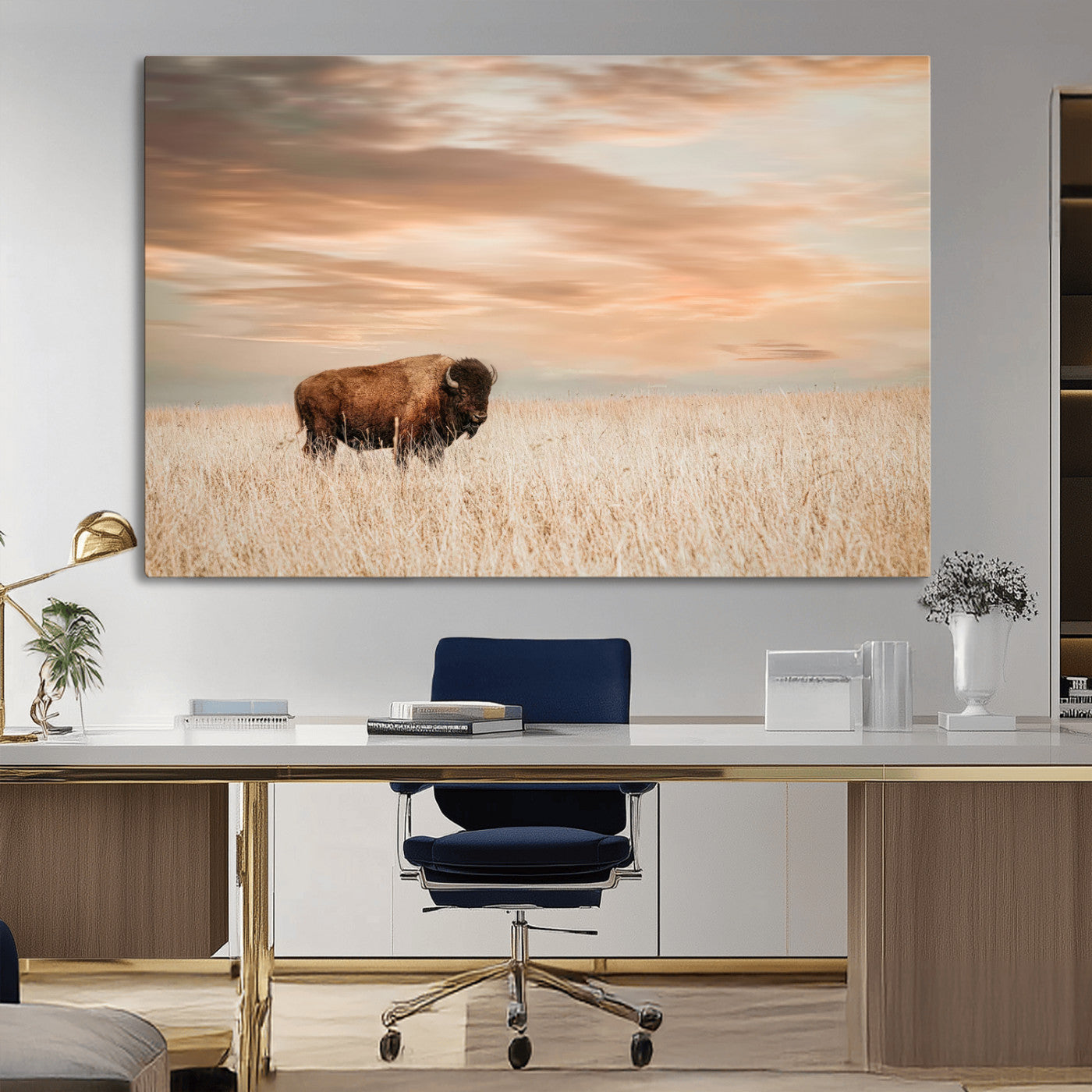 87282289-MGV-CV-36X24-Bison Wall Art Canvas Print, Framed Buffalo Art Picture Print, Western Prairie Perfect Rustic Decor Artwork