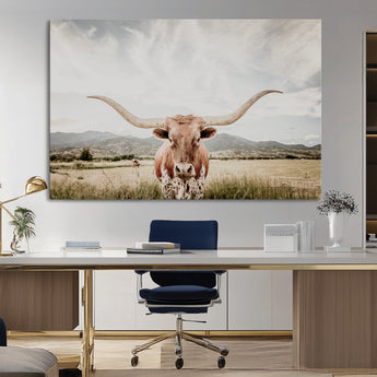 80054319-MGV-CV-36X24-Longhorn Wall Art – Rustic Western Canvas Print, Majestic Bull Artwork for Farmhouse, Ranch or Living Room