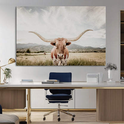 80054319-MGV-CV-36X24-Longhorn Wall Art – Rustic Western Canvas Print, Majestic Bull Artwork for Farmhouse, Ranch or Living Room