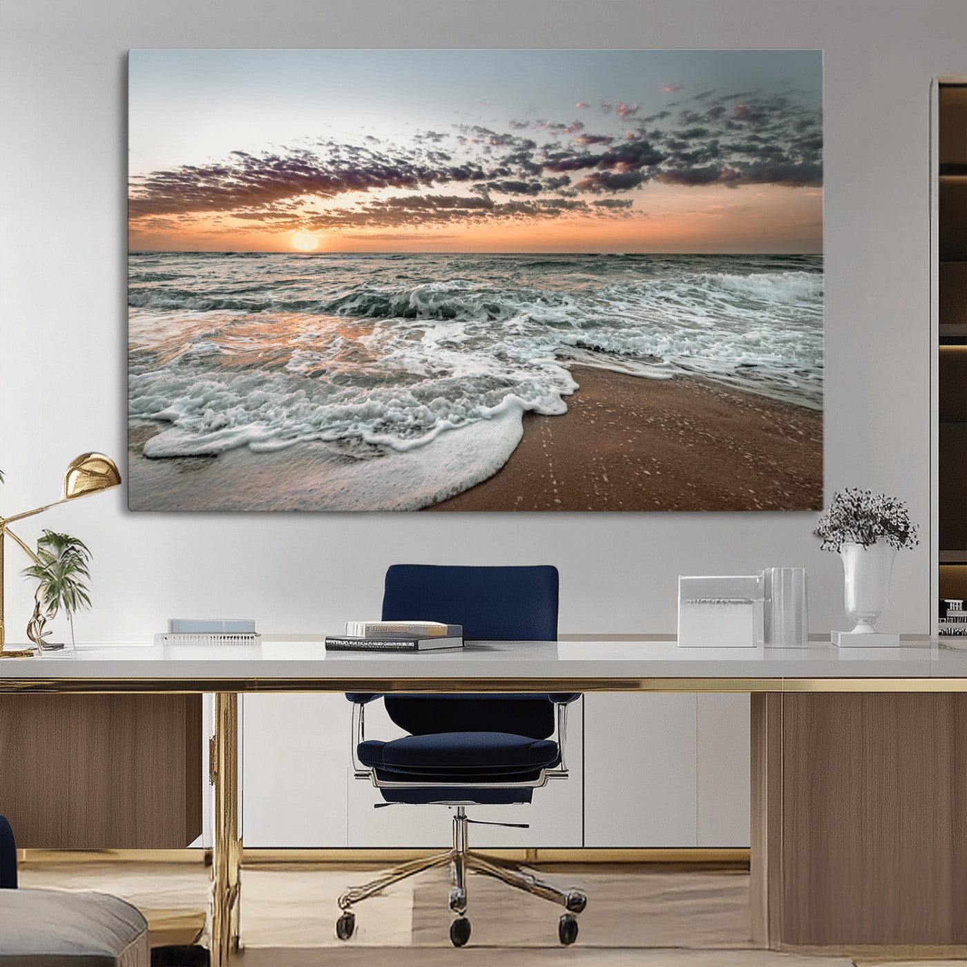 40632752-MGV-CV-36X24-Ocean Sunset Wall Art Canvas Print, Framed Beach Waves Art Picture Print, Coastal Scene Perfect Coastal Decor Artwork
