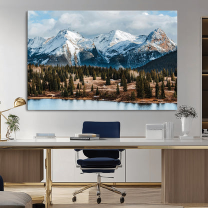 36247746-MGV-CV-36X24-Snowy Peaks Wall Art Canvas Print, Framed Alpine Lake Art Picture Print, Pine Forest Perfect Alpine Wilderness Decor Artwork