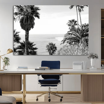 89458520-MGV-CV-36X24-Palm Trees Wall Art Canvas Print, Framed Coastal View Art Picture Print, Ocean Horizon Perfect Monochrome Coast Decor Artwork