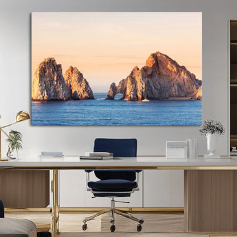 72996116-MGV-CV-36X24-El Arco Wall Art Canvas Print, Framed Cabo Rocks Art Picture Print, Ocean Arch Perfect Golden Coastal Landmark Decor Artwork
