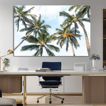 87247012-MGV-CV-36X24-Skyward Palm Trees Wall Art Canvas Print, Framed Tropical Sky Art Picture Print, Coconut Palm Perfect Tropical Skyview Decor