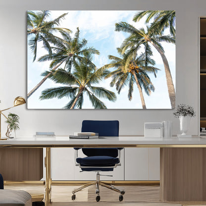 87247012-MGV-CV-36X24-Skyward Palm Trees Wall Art Canvas Print, Framed Tropical Sky Art Picture Print, Coconut Palm Perfect Tropical Skyview Decor