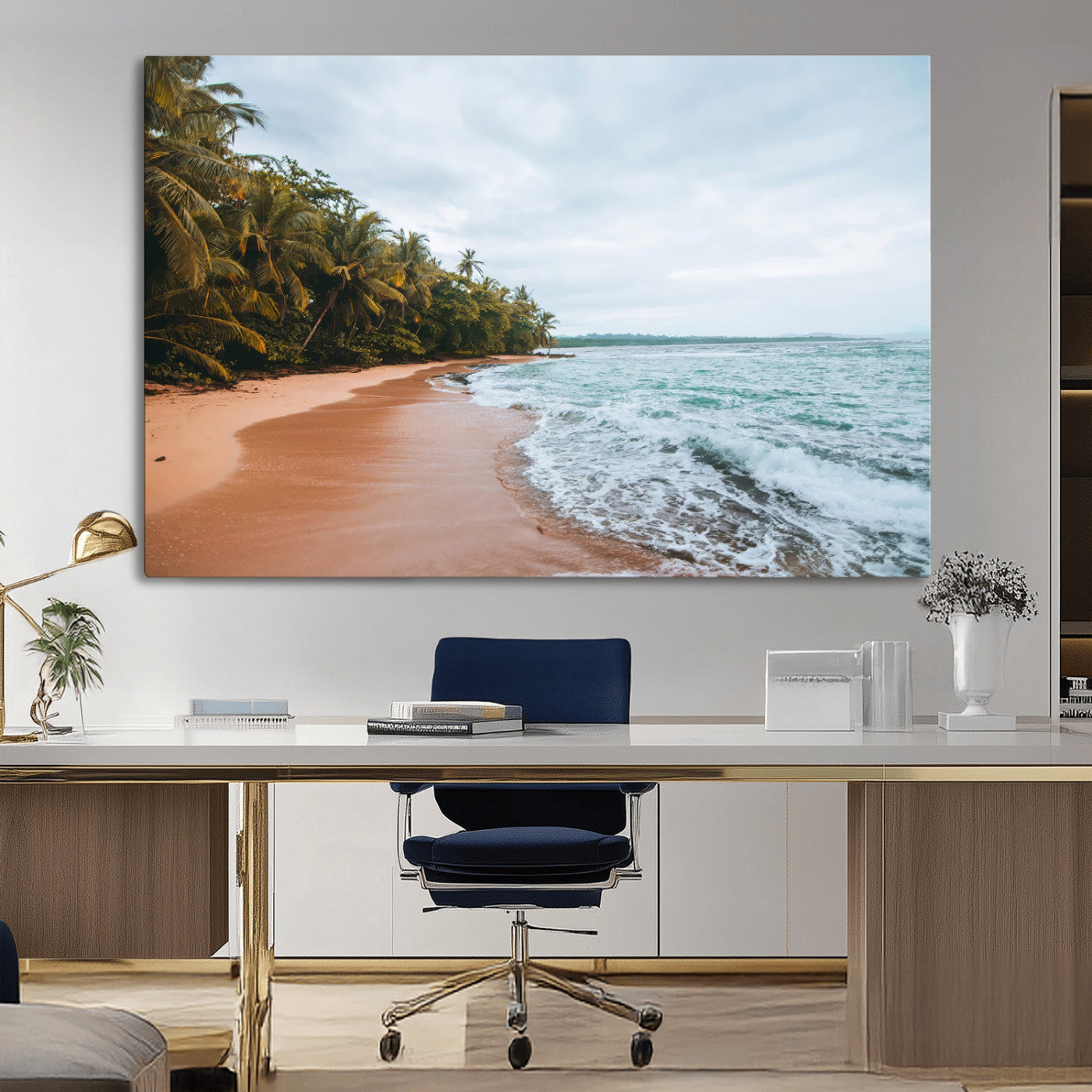 88125882-MGV-CV-36X24-Tropical Shoreline Wall Art Canvas Print, Framed Palm Trees Art Picture Print, Tropical Ocean Perfect Tropical Coastal Decor