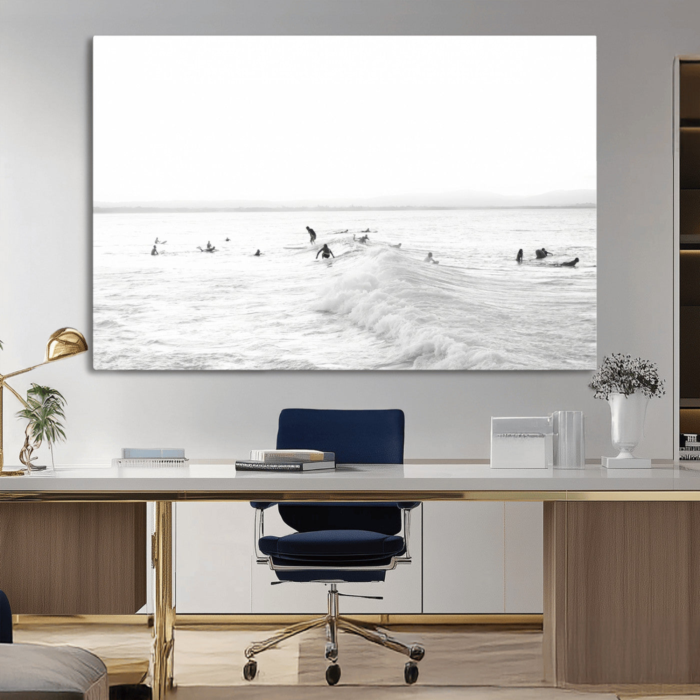 33449548-MGV-CV-36X24-Group Surfers Wall Art Canvas Print, Framed Ocean Wave Art Picture Print, Surf Crowd Perfect Monochrome Surf Decor Artwork