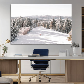 62119206-MGV-CV-36X24-Snowy Trail Wall Art Canvas Print, Framed Ski Slope Art Picture Print, Winter Pines Perfect Alpine Adventure Decor Artwork