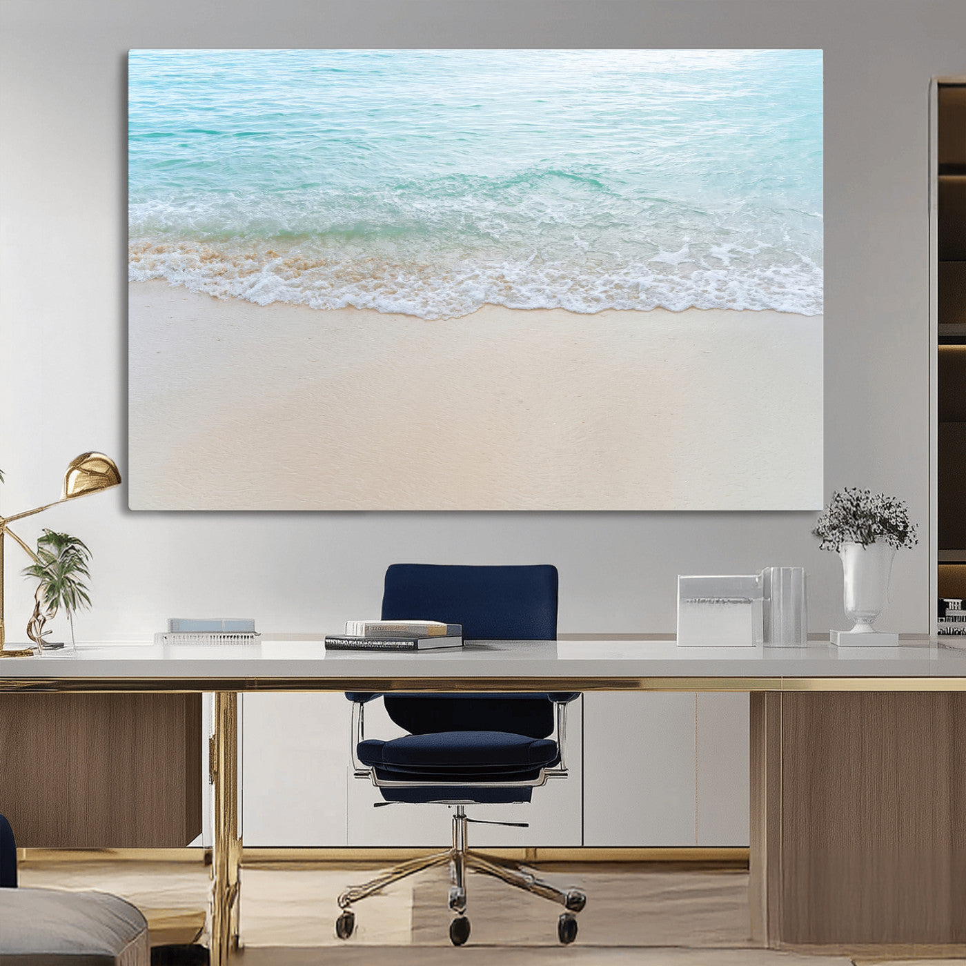 77194056-MGV-CV-36X24-Soft Shoreline Wall Art Canvas Print, Framed Gentle Waves Art Picture Print, Clear Water Perfect Minimalist Coastal Decor Artwork