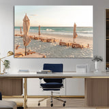 58507949-MGV-CV-36X24-Beach Umbrellas Wall Art Canvas Print, Framed Empty Loungers Art Picture Print, Soft Sand Perfect Minimalist Seaside Decor Artwork