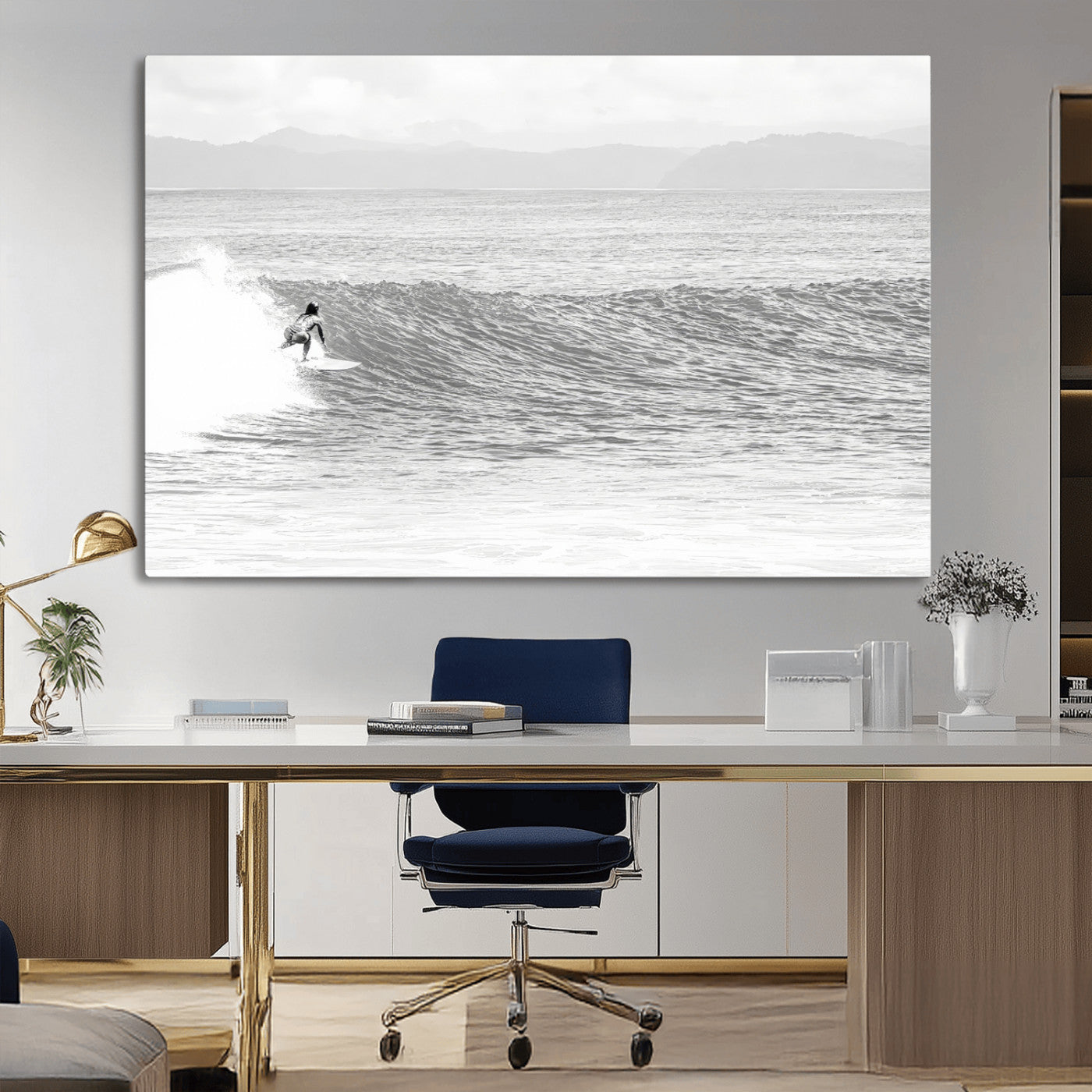 81535128-MGV-CV-36X24-Surfer Woman Wall Art Canvas Print, Framed Black Ocean Art Picture Print, Ocean Surfing Perfect Monochrome Coastal Decor Artwork