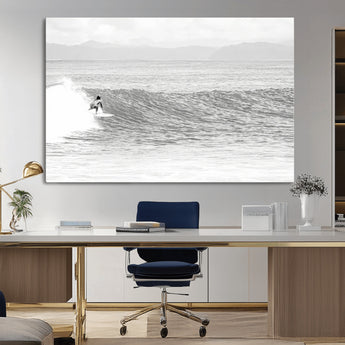 81535128-MGV-CV-36X24-Surfer Woman Wall Art Canvas Print, Framed Black Ocean Art Picture Print, Ocean Surfing Perfect Monochrome Coastal Decor Artwork