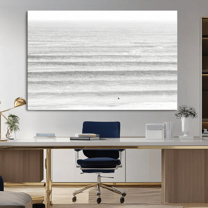 66534476-MGV-CV-36X24-Lone Surfer Wall Art Canvas Print, Framed Ocean Waves Art Picture Print, Minimal Sea Perfect Minimal Coastal Decor Artwork