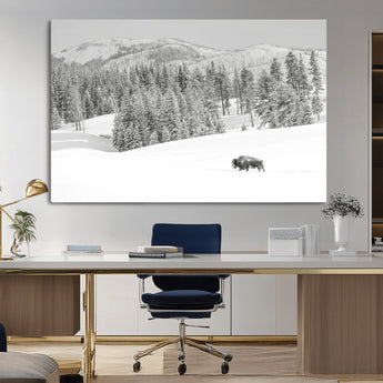 68081143-MGV-CV-36X24-Snowy Bison Wall Art Canvas Print, Framed Winter Forest Art Picture Print, Lone Bison Perfect Monochrome Winter Wild Decor Artwork
