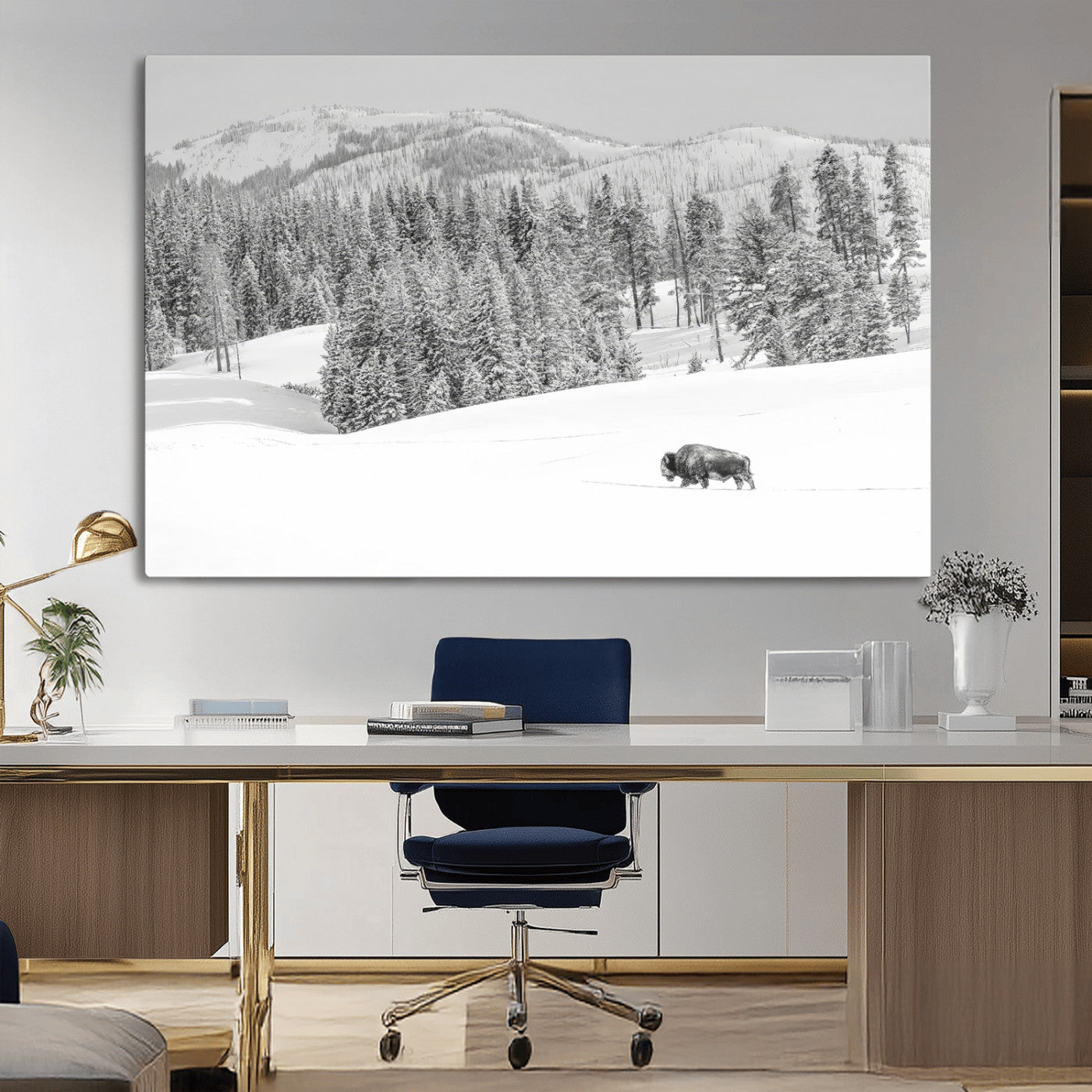 68081143-MGV-CV-36X24-Snowy Bison Wall Art Canvas Print, Framed Winter Forest Art Picture Print, Lone Bison Perfect Monochrome Winter Wild Decor Artwork