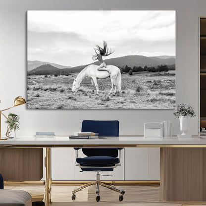 62789800-MGV-CV-36X24-White Horse Wall Art Canvas Print, Framed Woman Rider Art Picture Print, Equestrian Pose Perfect Western Boho Decor Artwork