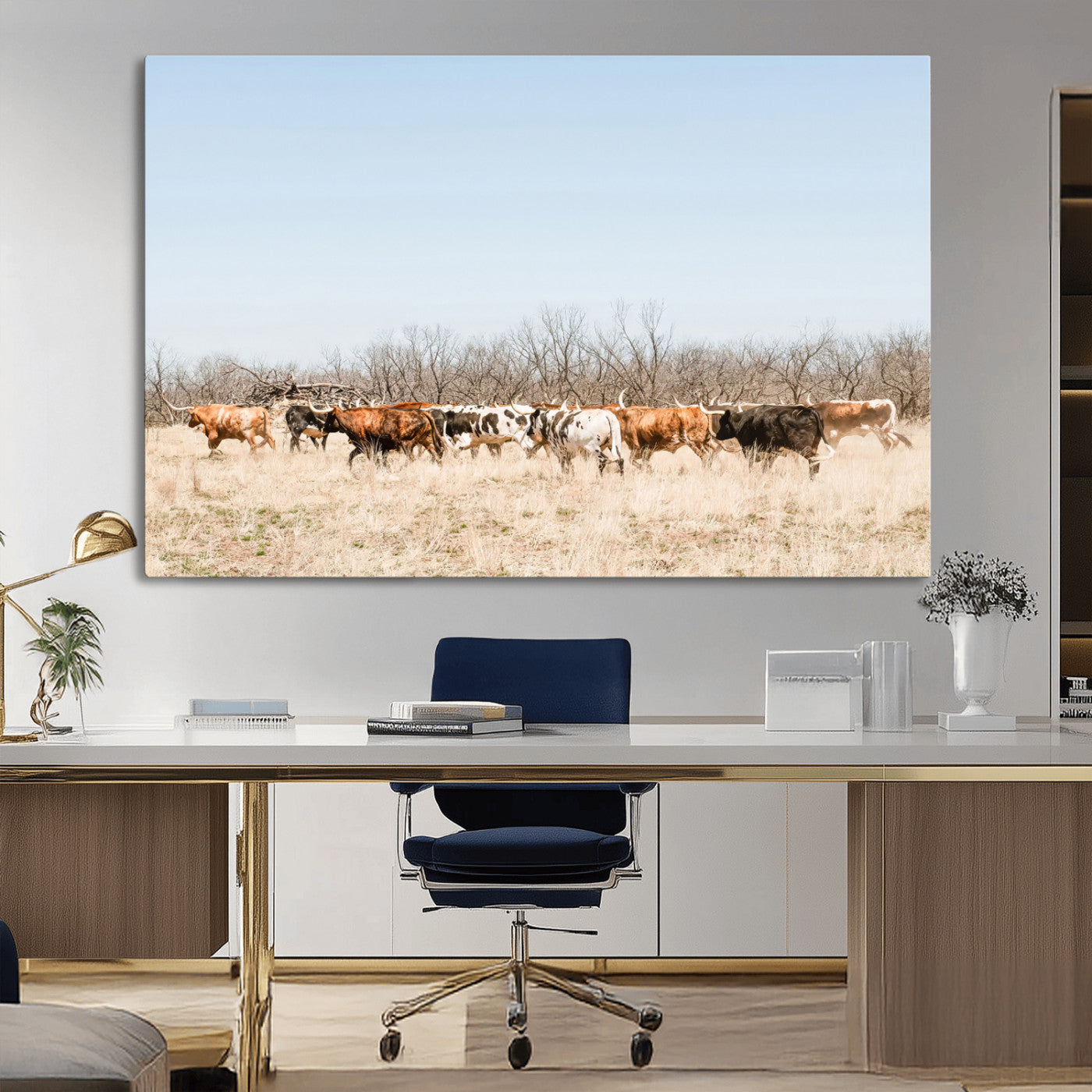 16563092-MGV-CV-36X24-Texas Longhorns Wall Art Canvas Print, Framed Western Cattles Art Picture Print, Rustic Herd Perfect Rustic Farmhouse Decor