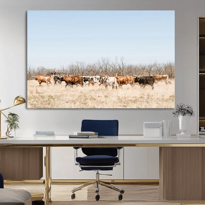 16563092-MGV-CV-36X24-Texas Longhorns Wall Art Canvas Print, Framed Western Cattles Art Picture Print, Rustic Herd Perfect Rustic Farmhouse Decor