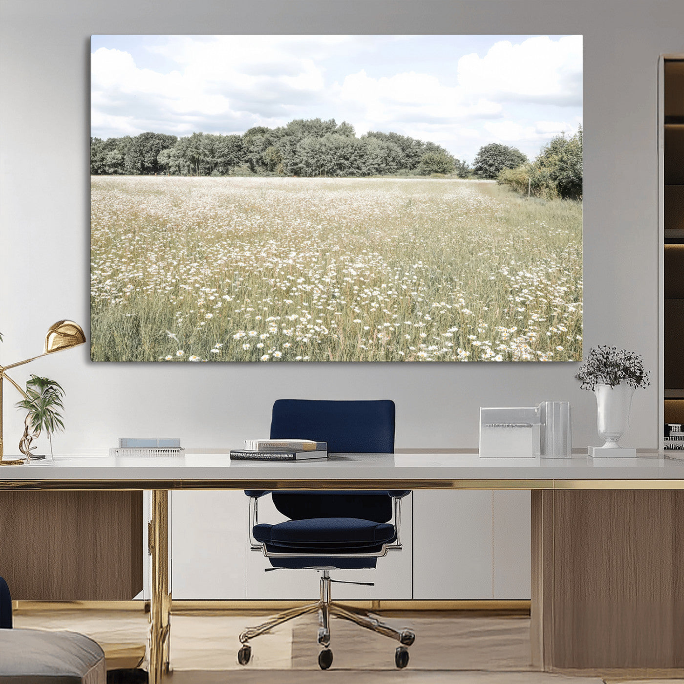 43258946-MGV-CV-36X24-Daisy Field Wall Art Canvas Print, Framed Pastel Flower Art Picture Print, Meadow Bloom Perfect Scandinavian Minimalist Decor