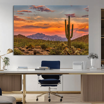 25332783-MGV-CV-36X24-Saguaro Cactus Wall Art Canvas Print, Framed Arizona Sunset Art Picture Print, Sonoran Desert Perfect Southwestern Boho Decor