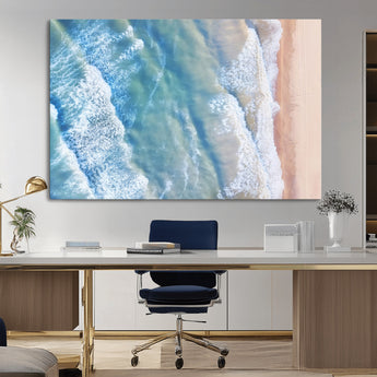 17641845-MGV-CV-36X24-Aerial Ocean Wall Art Canvas Print, Framed Blue Waves Art Picture Print, Sandy Shoreline Perfect Modern Coastal Decor Artwork
