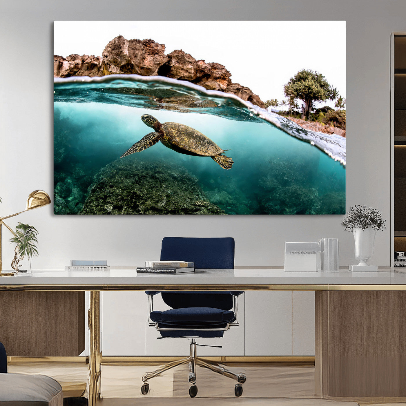 44200301-MGV-CV-36X24-Sea Turtle Swim Wall Art Canvas Print, Framed Ocean Life Art Picture Print, Tropical Shoreline Perfect Tropical Coastal Decor