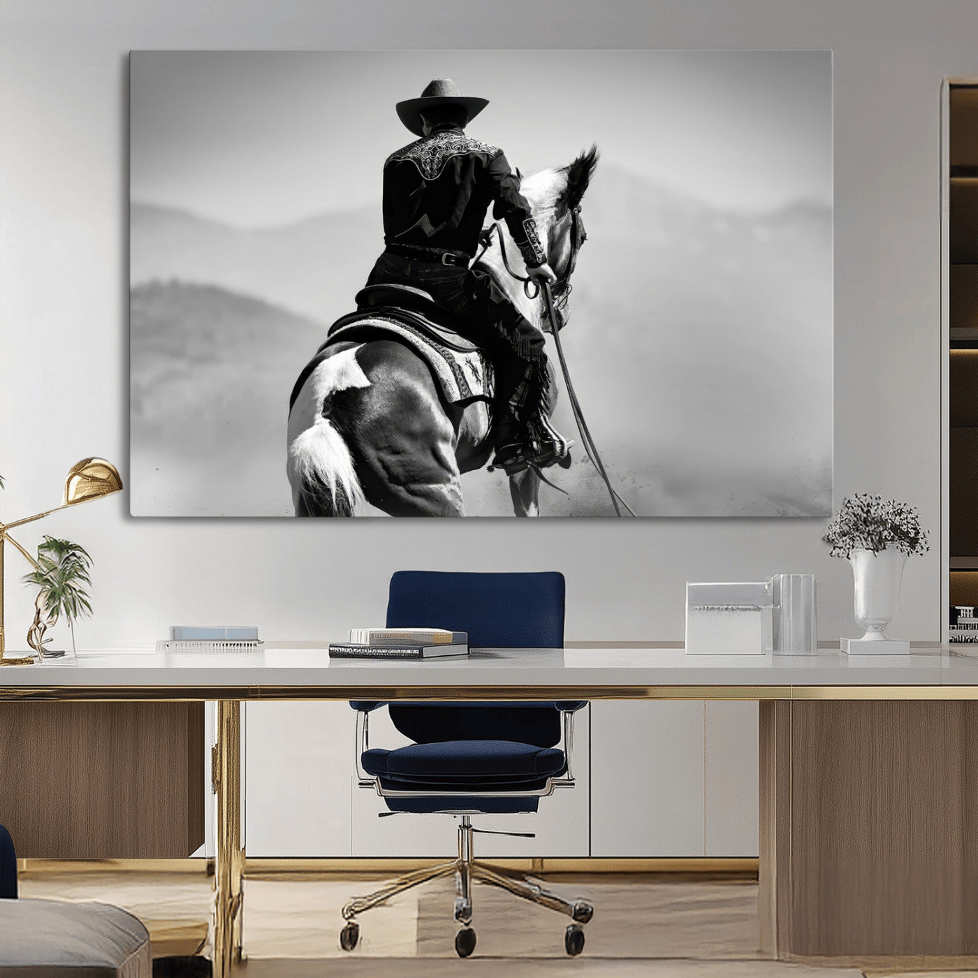 83102464-MGV-CV-36X24-Western Cowboy Wall Art Canvas Print, Framed Monochrome Horse Art Picture Print, Western Equestrian Perfect Rustic Western Decor